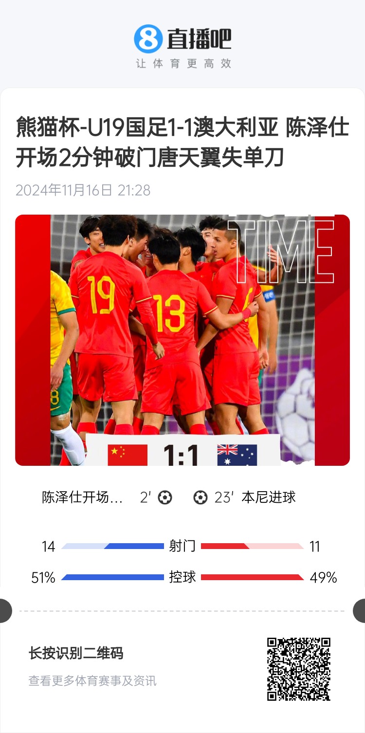 二番戰(zhàn)！U20國青與澳大利亞去年熊貓杯剛有過交手，雙方1-1戰(zhàn)平